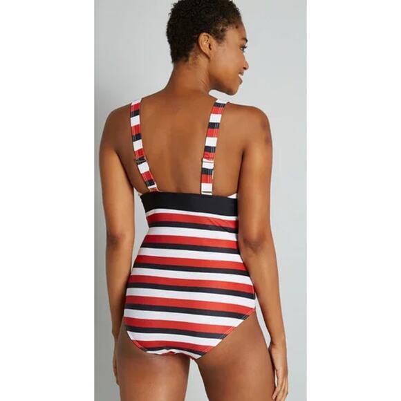 ModCloth Small The Dharla One-Piece Swimsuit Red White Stripe Deep V Neck - Picture 2 of 11